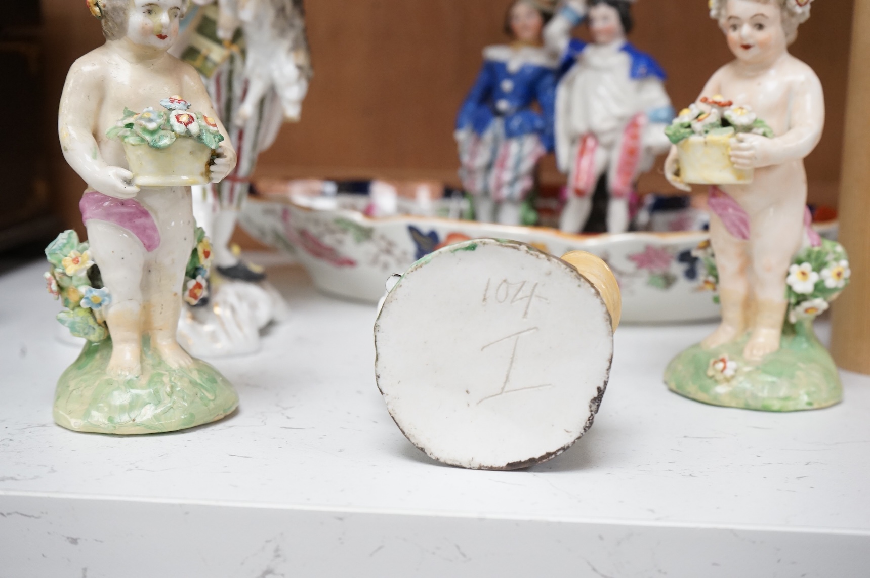 Four 19th century Continental porcelain figures and two Derby style figures, largest 19cm high